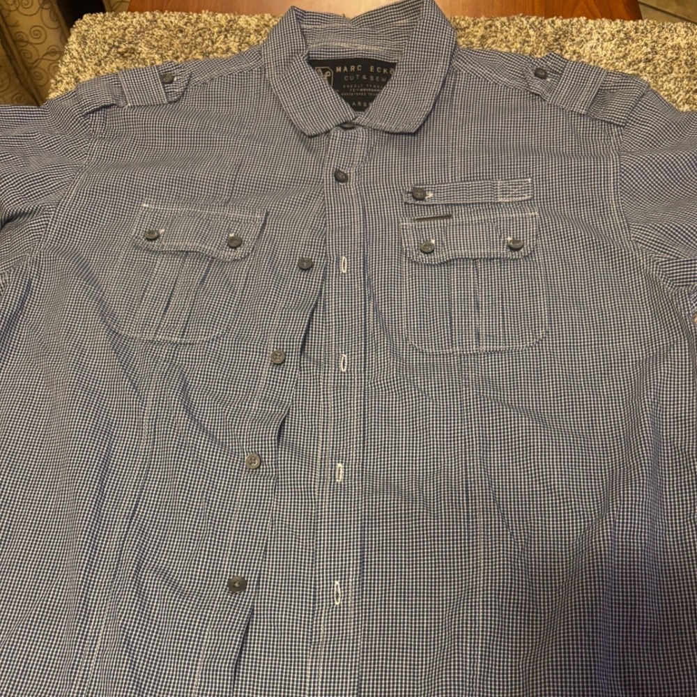 Marc Ecko Cut & Sew Mens Large Blue Gingham Check Short Sleeve Button Down Shirt